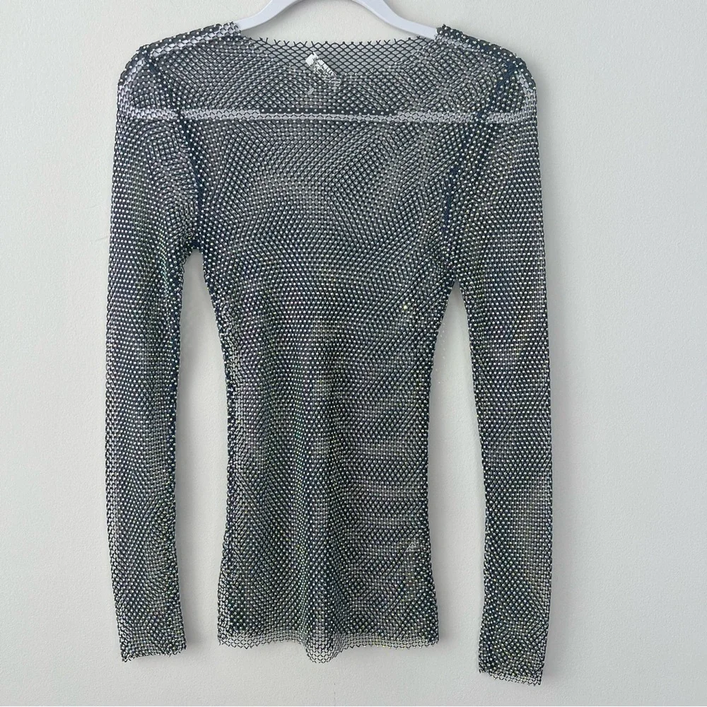 NWOT Free People Filter Finish Crystal Mesh Long Sleeve Top Blue